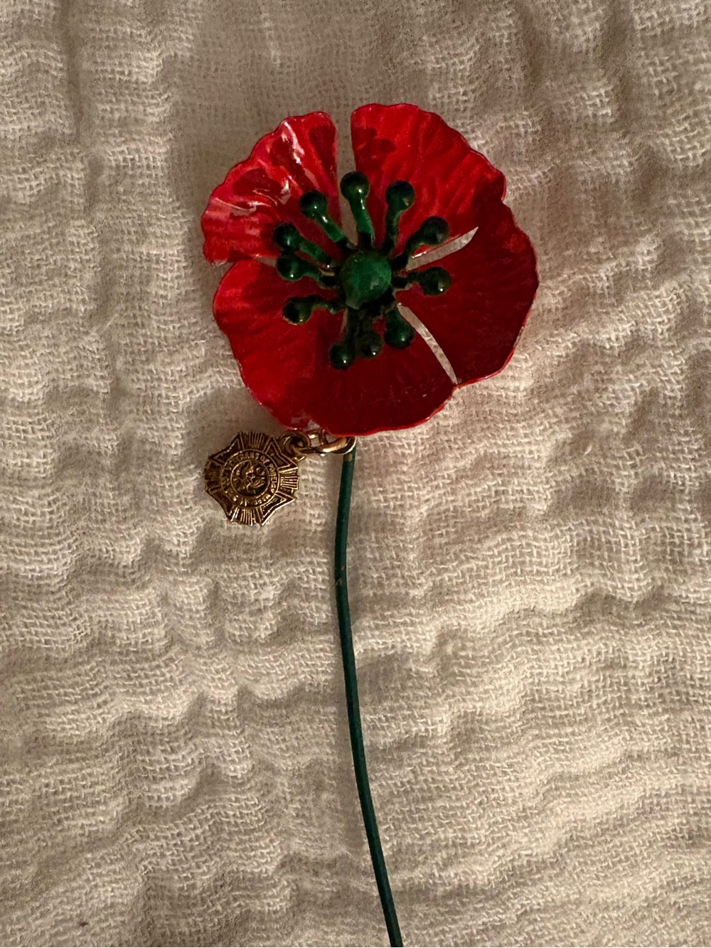 veterans of foreign war USA Red Poppy Floral Brooch with Green Stem